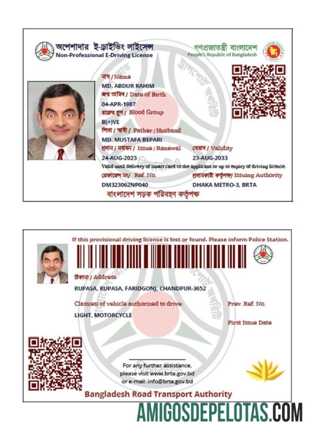 Carteira de habilitação E não profissional de Bangladesh exemplo real